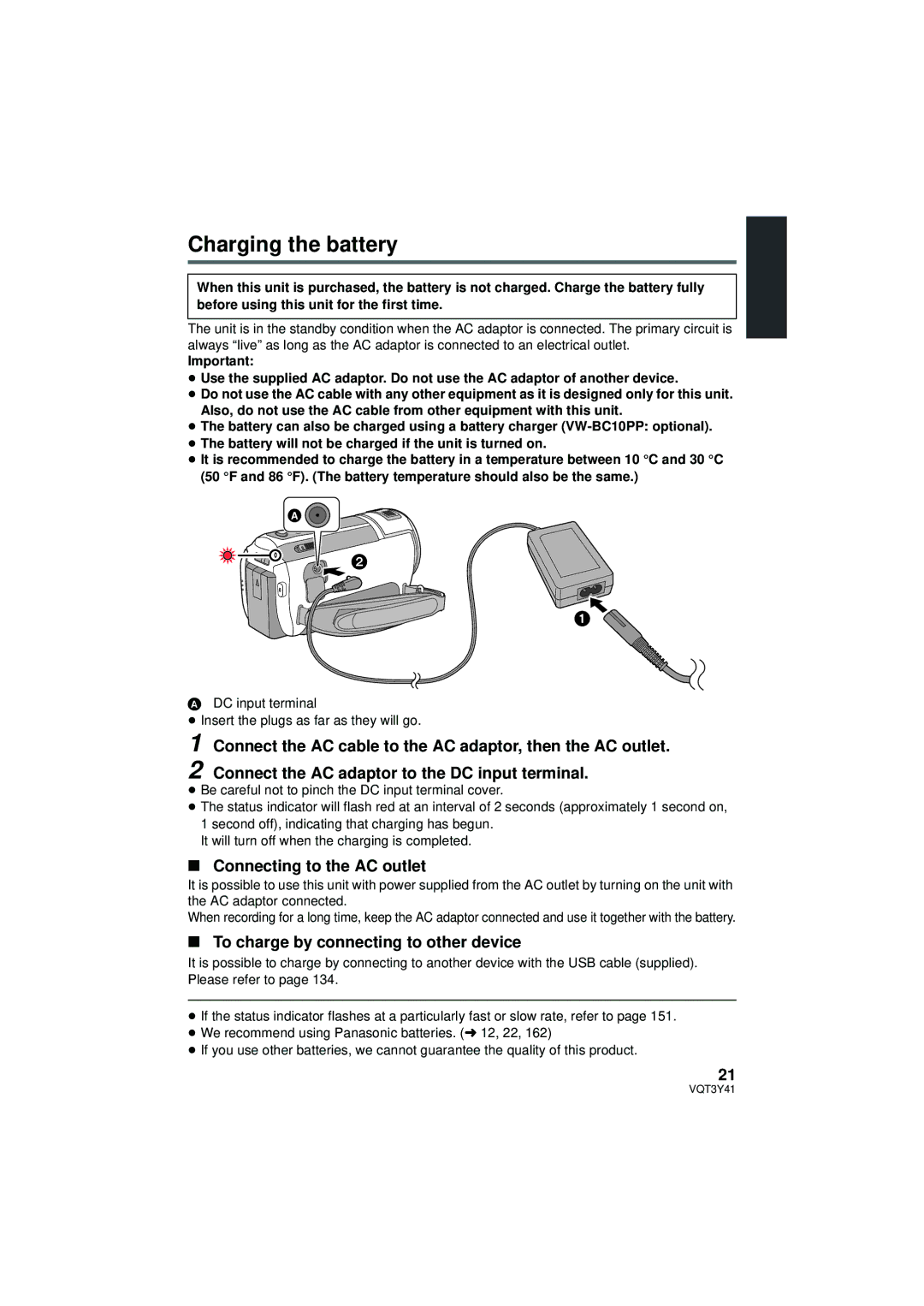 Panasonic HC-V700M owner manual Charging the battery, Connect the AC cable to the AC adaptor, then the AC outlet 