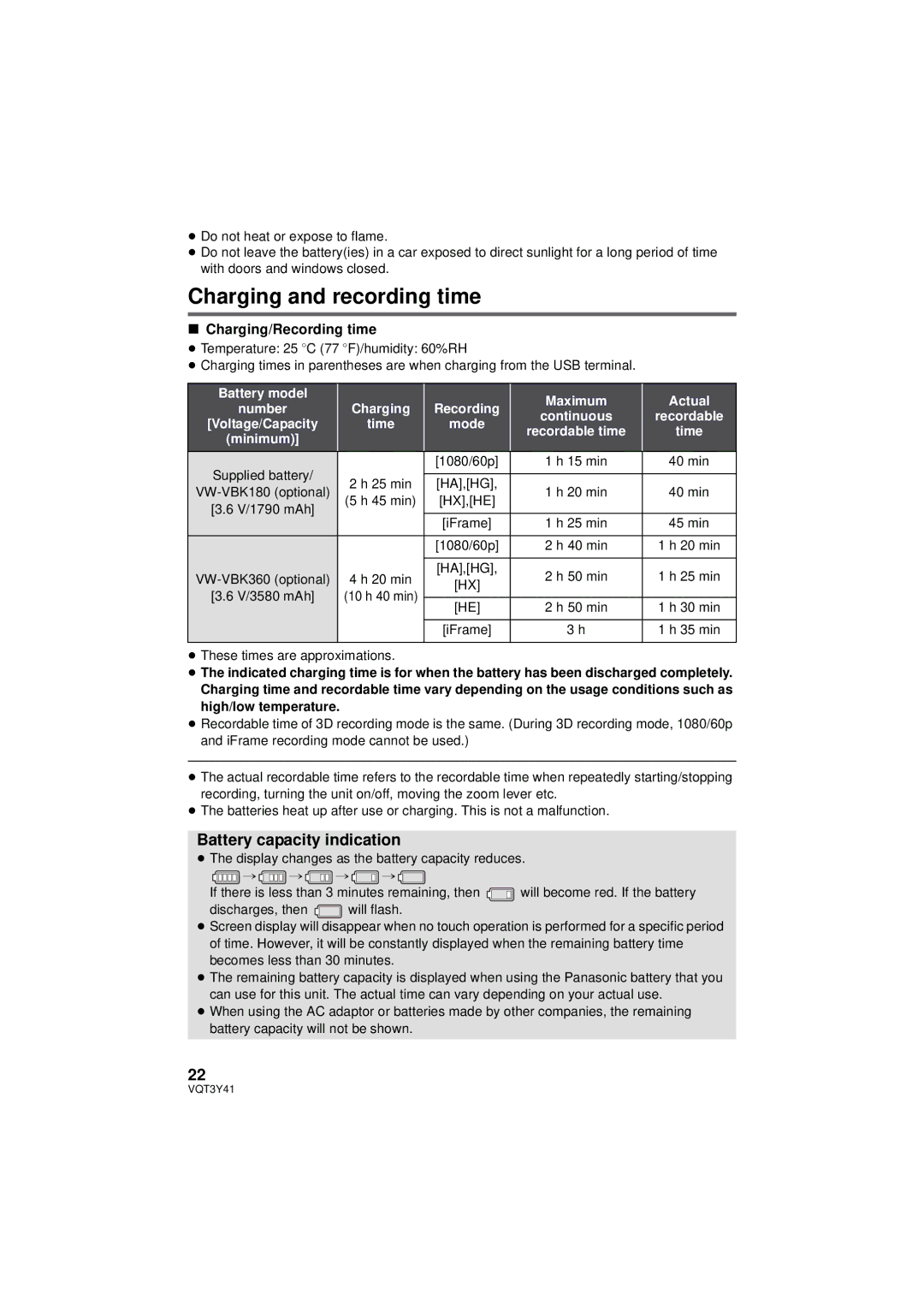 Panasonic HC-V700M owner manual Charging and recording time, Battery capacity indication, Charging/Recording time 