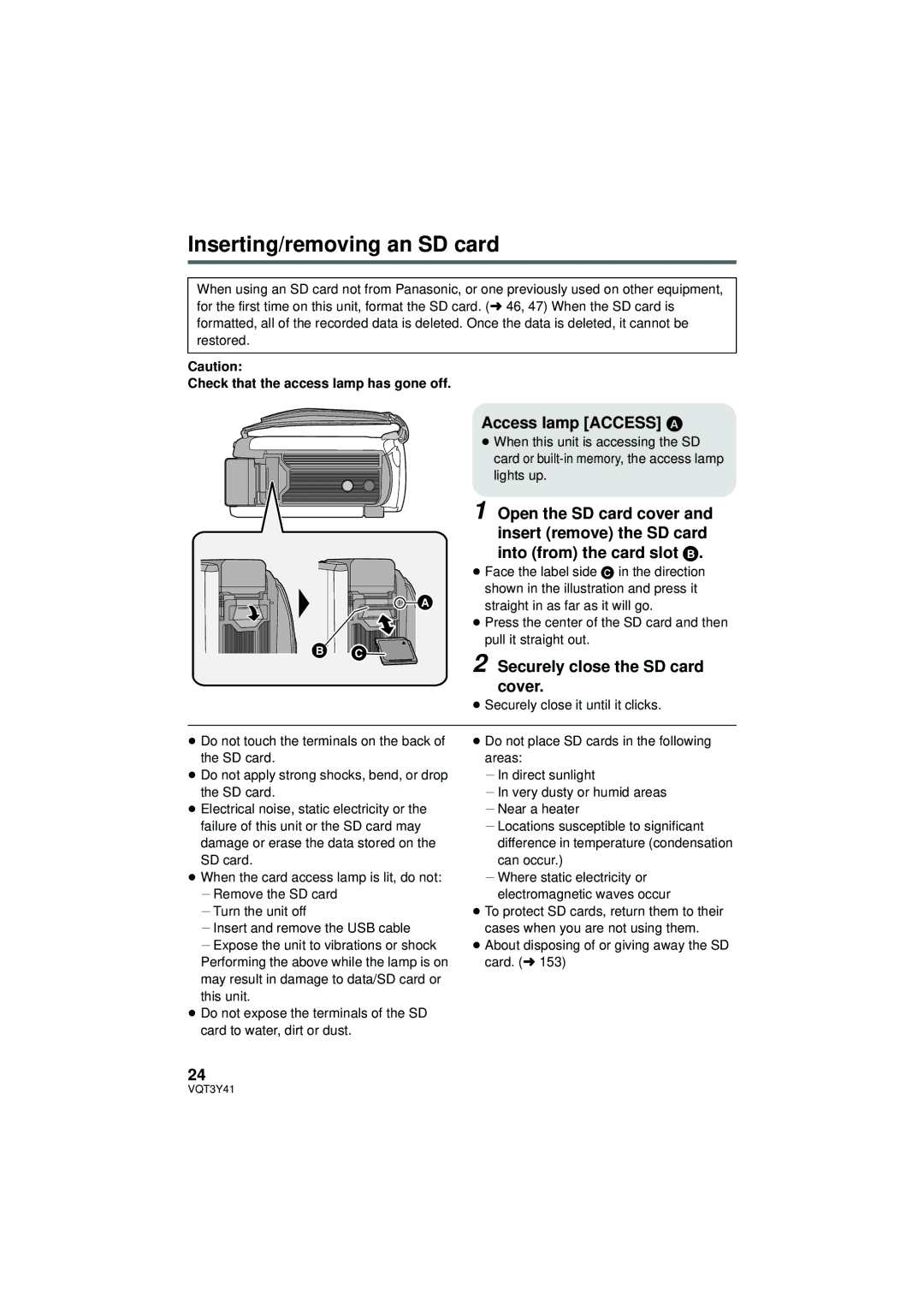 Panasonic HC-V700M owner manual Inserting/removing an SD card, Access lamp Access a, Securely close the SD card cover 