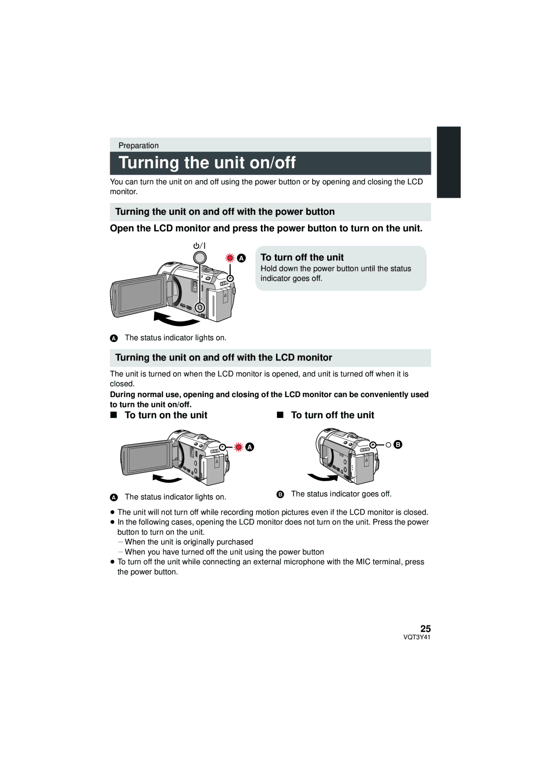 Panasonic HC-V700M owner manual Turning the unit on/off, Turning the unit on and off with the LCD monitor 