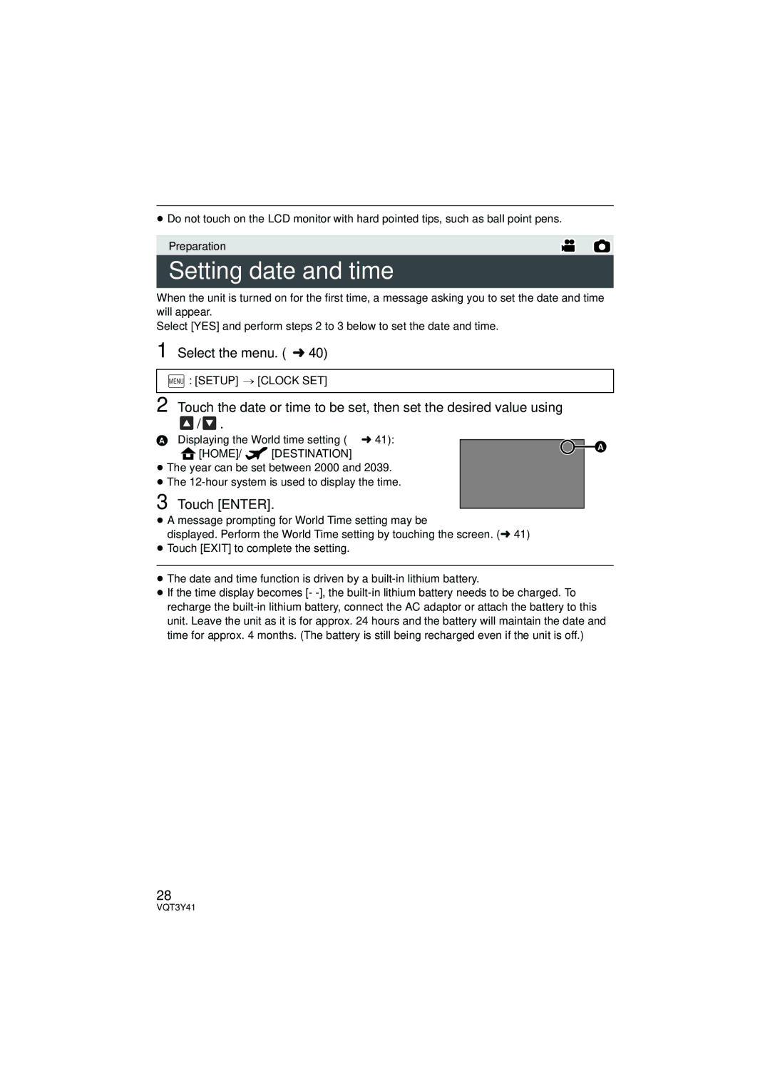 Panasonic HC-V700M owner manual Setting date and time, Select the menu. l, Touch Enter, Menu Setup # Clock SET 