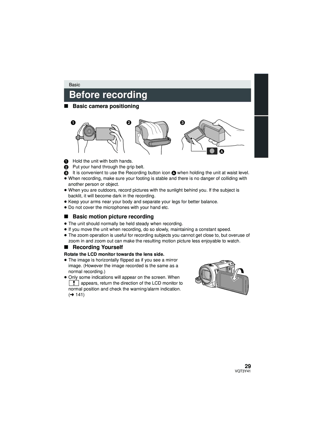 Panasonic HC-V700M Before recording, Basic camera positioning, Basic motion picture recording, Recording Yourself,    