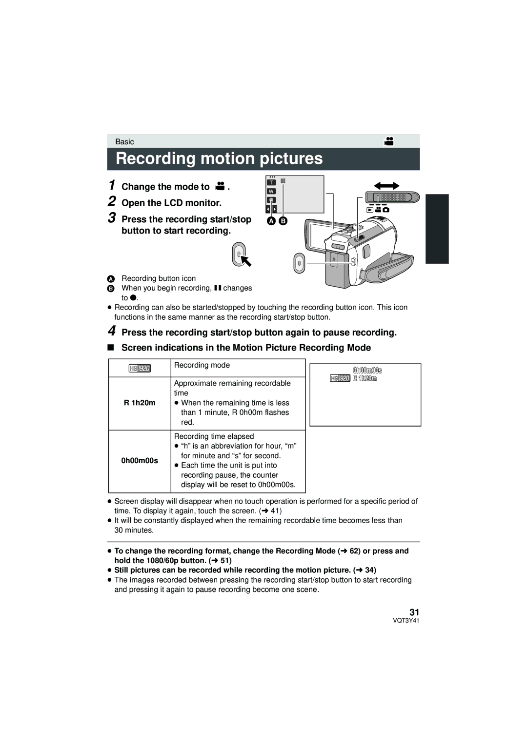 Panasonic HC-V700M owner manual Recording motion pictures 