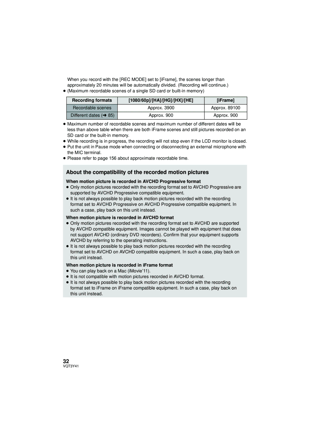 Panasonic HC-V700 About the compatibility of the recorded motion pictures, Recording formats 1080/60p/HA/HG/HX/HE IFrame 