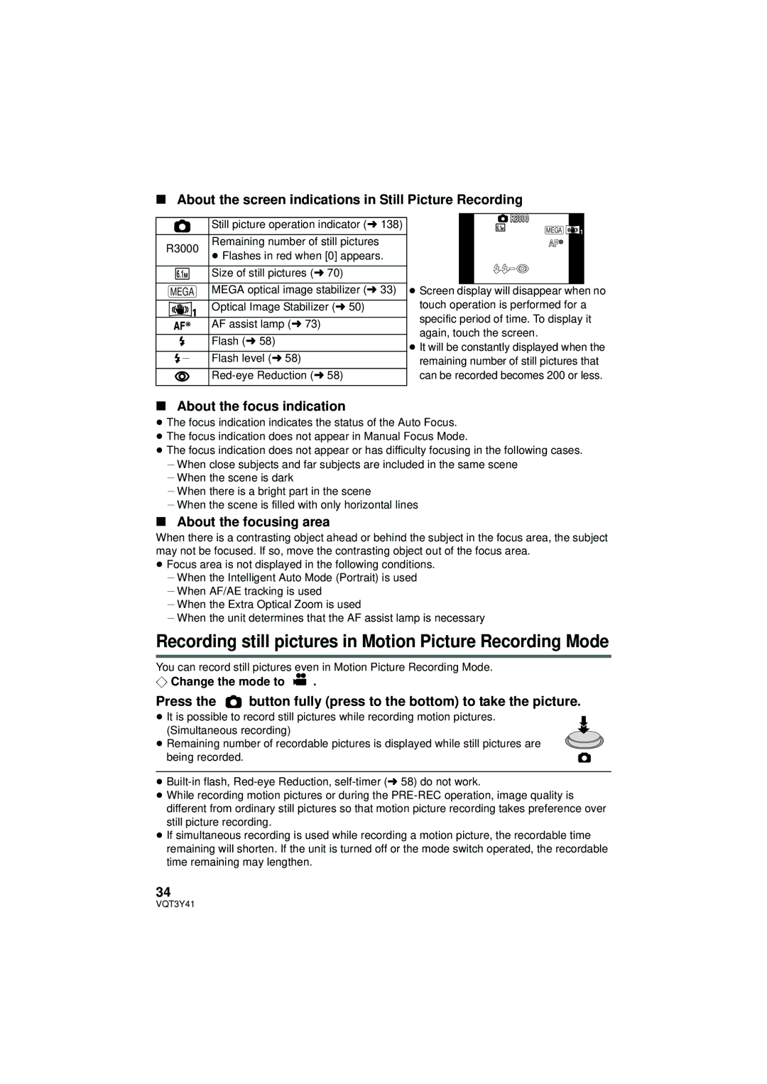 Panasonic HC-V700M owner manual Recording still pictures in Motion Picture Recording Mode, About the focus indication 