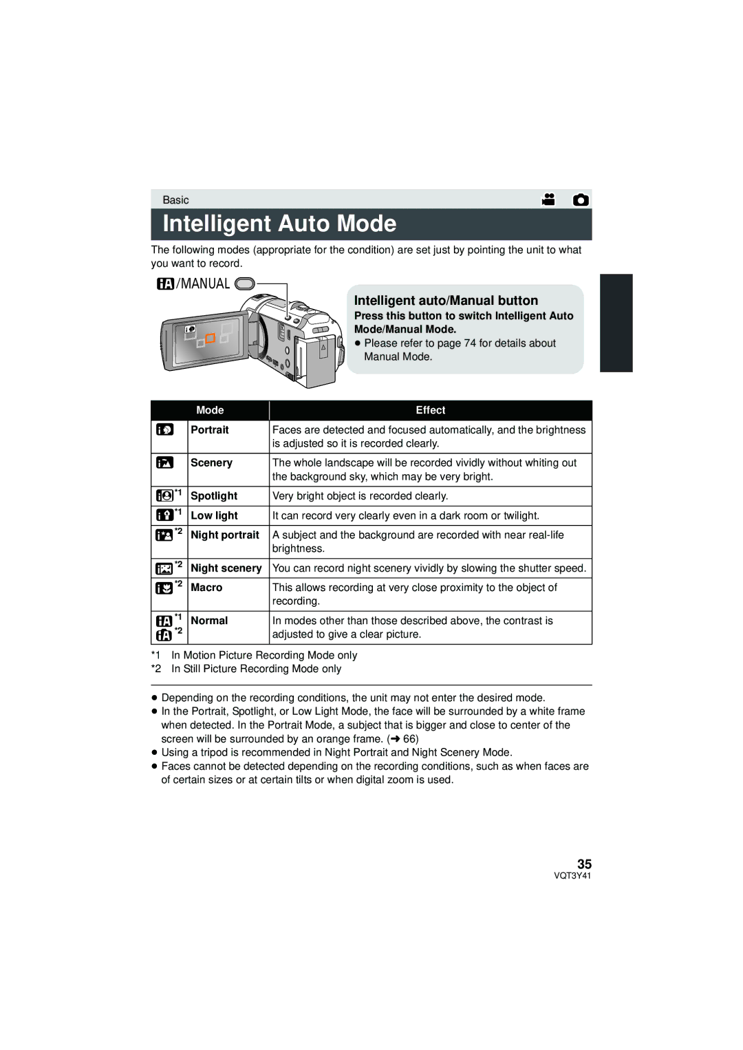 Panasonic HC-V700M owner manual Intelligent Auto Mode, Intelligent auto/Manual button 