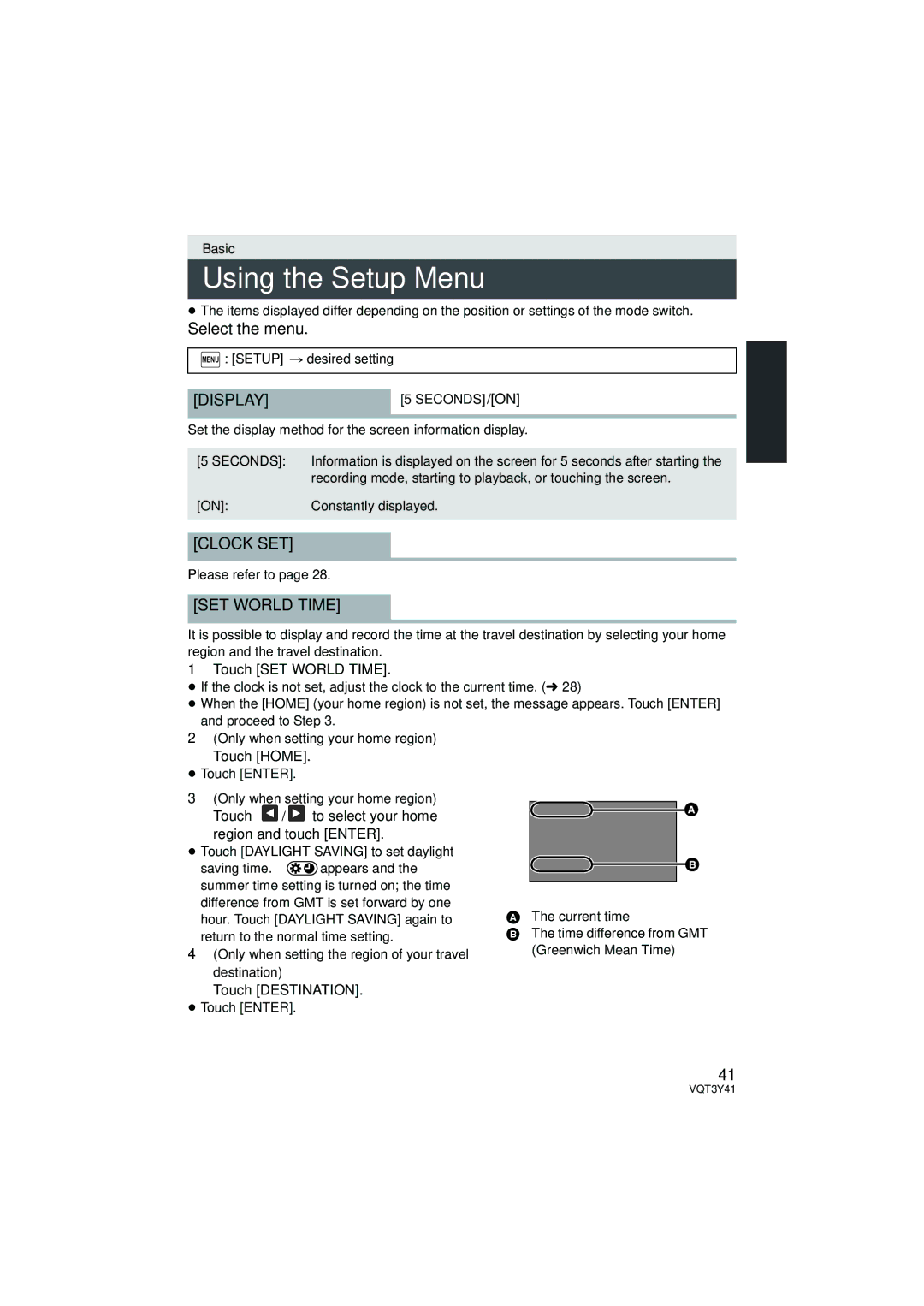 Panasonic HC-V700M owner manual Using the Setup Menu, Select the menu, Display, Clock SET, SET World Time 