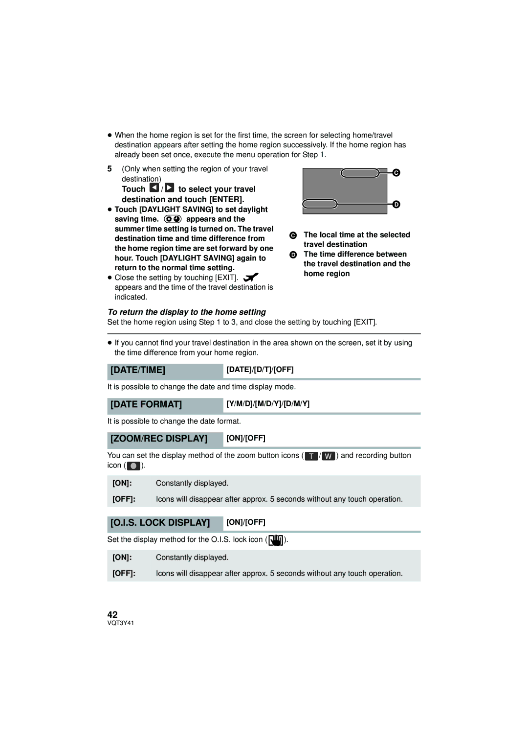 Panasonic HC-V700M owner manual Date Format, ZOOM/REC Display, S. Lock Display ON/OFF, Date/Timedate/D/T/Off 