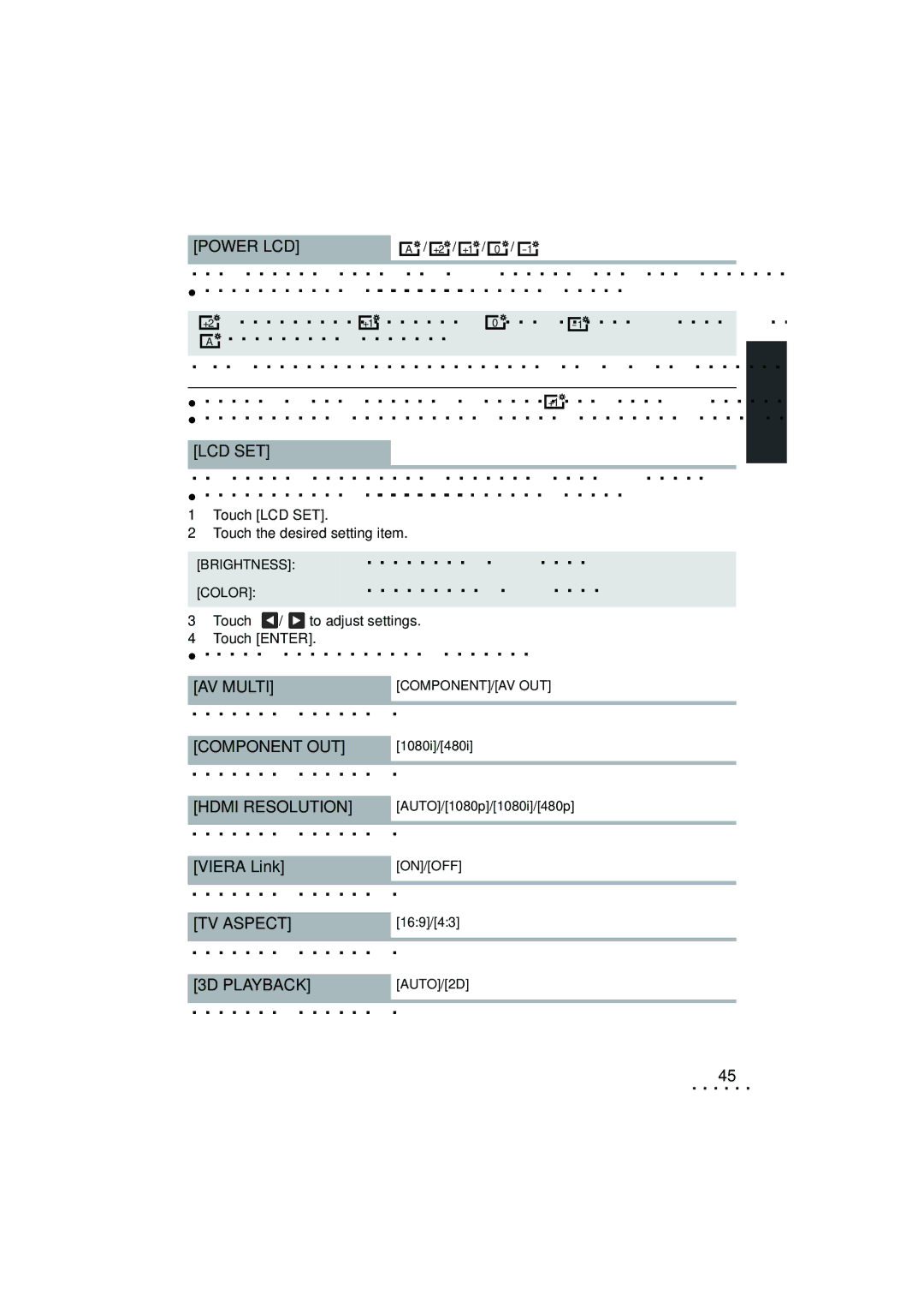 Panasonic HC-V700M owner manual Power LCD, Lcd Set, AV Multi, Component OUT, Hdmi Resolution, TV Aspect, 3D Playback 