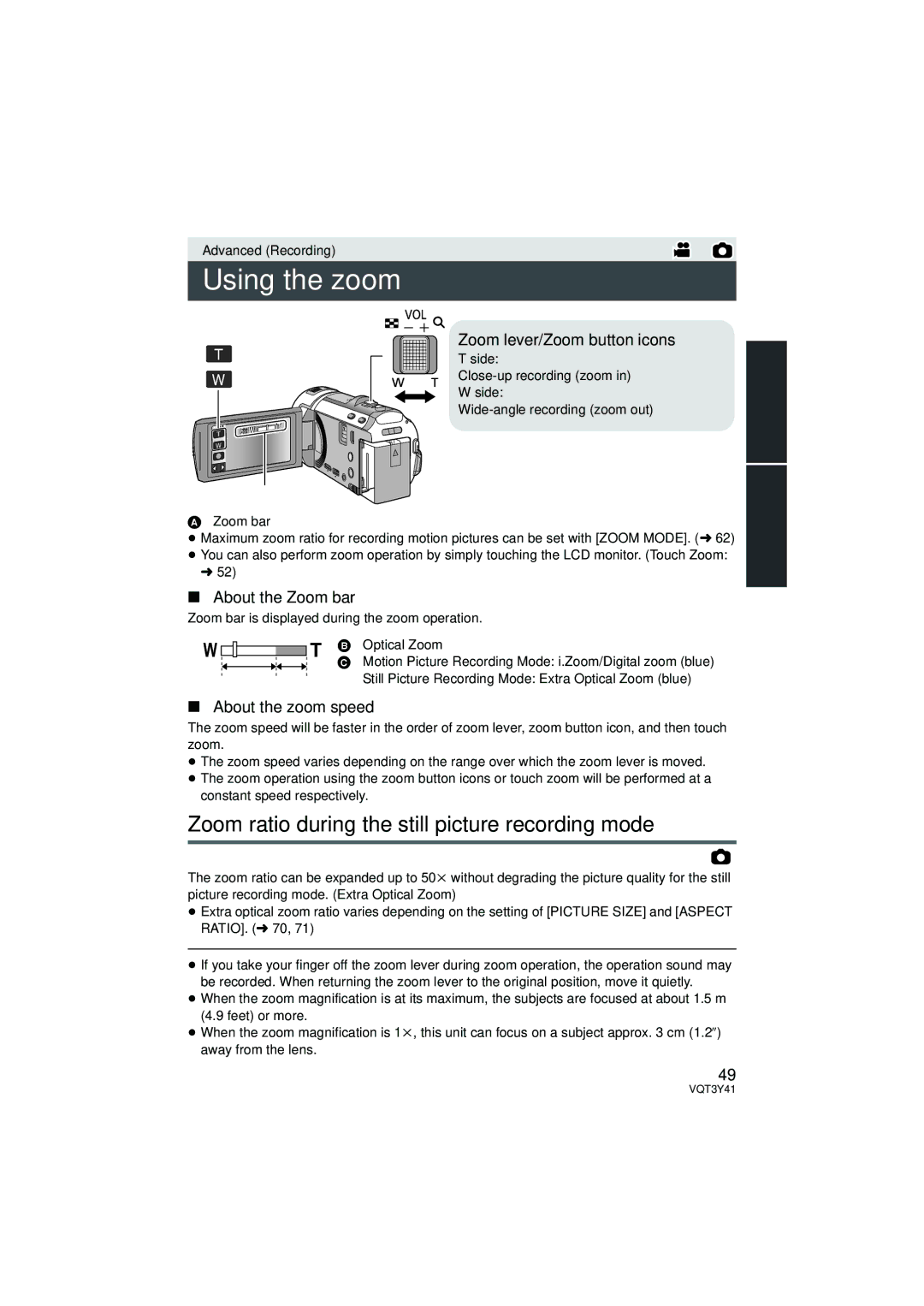 Panasonic HC-V700M Using the zoom, Zoom ratio during the still picture recording mode, Zoom lever/Zoom button icons 