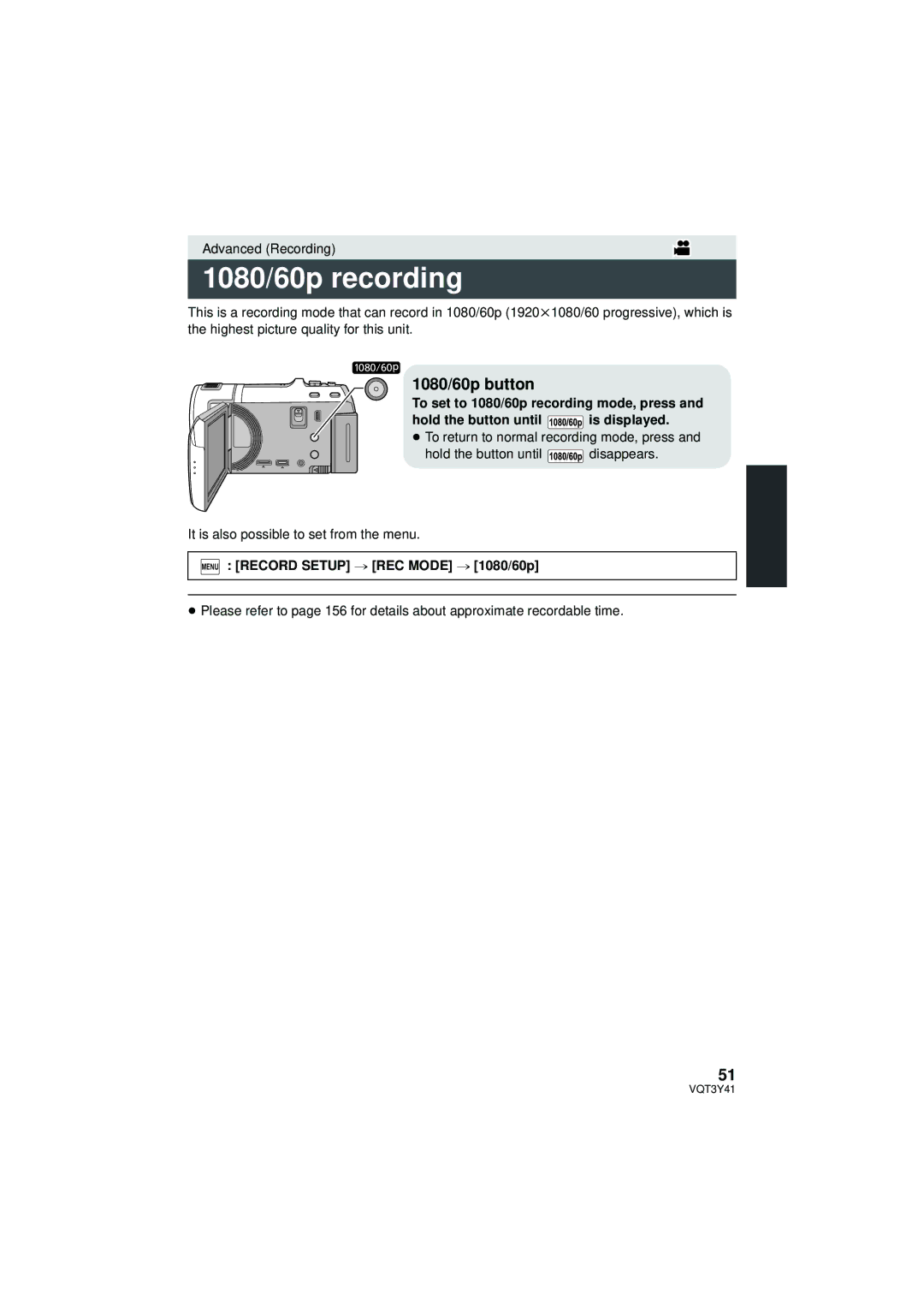 Panasonic HC-V700M owner manual 1080/60p recording, 1080/60p button, Menu Record Setup # REC Mode # 1080/60p 