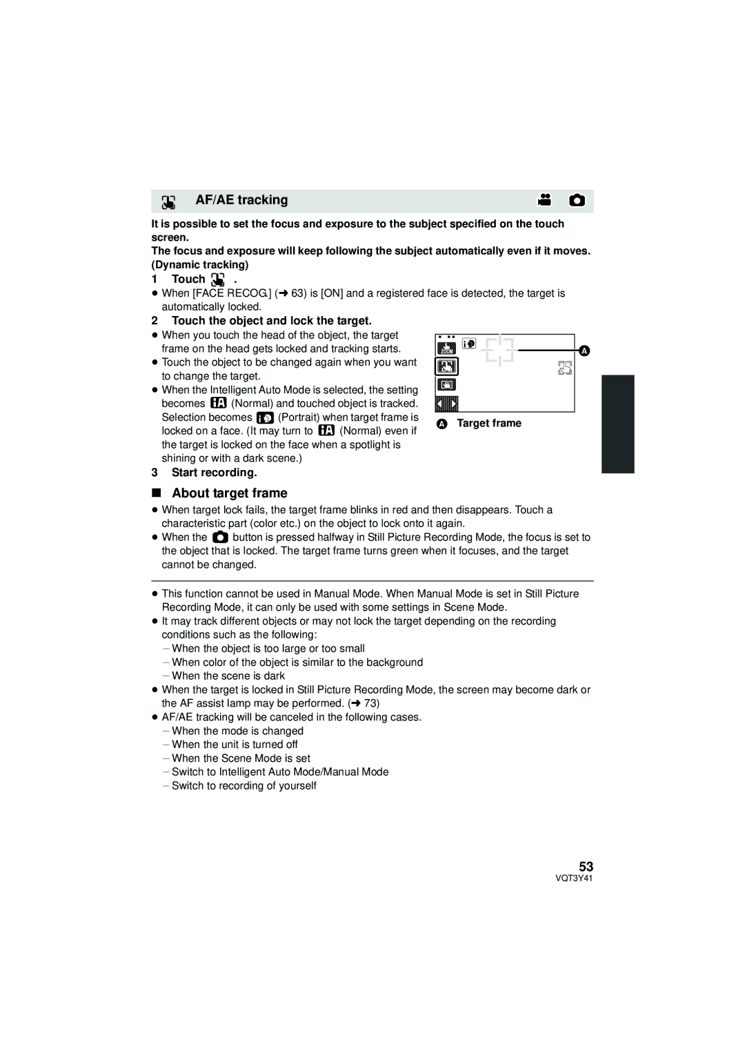 Panasonic HC-V700M owner manual AF/AE tracking, About target frame, Touch the object and lock the target, Start recording 