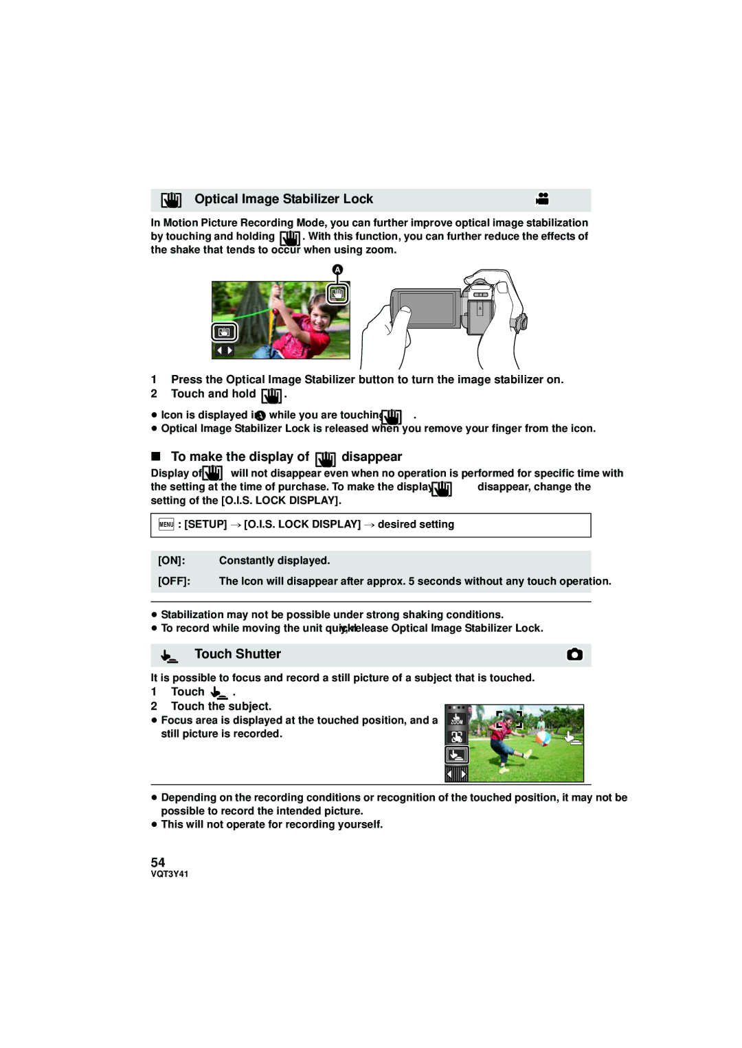 Panasonic HC-V700M Optical Image Stabilizer Lock, To make the display of disappear, Touch Shutter, Touch Subject 