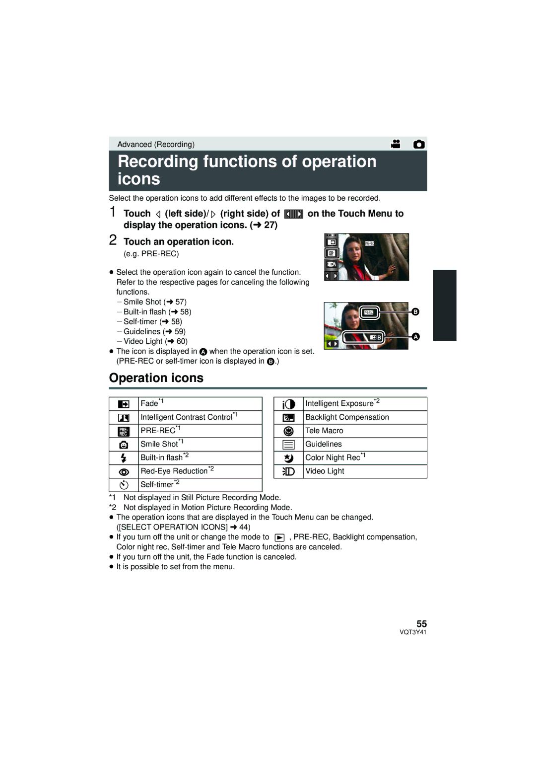 Panasonic HC-V700M Recording functions of operation icons, Operation icons, Fade*1 Intelligent Contrast Control*1 