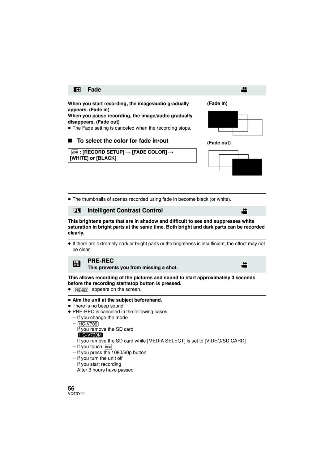 Panasonic HC-V700M owner manual Fade, To select the color for fade in/out, Intelligent Contrast Control, Pre-Rec 