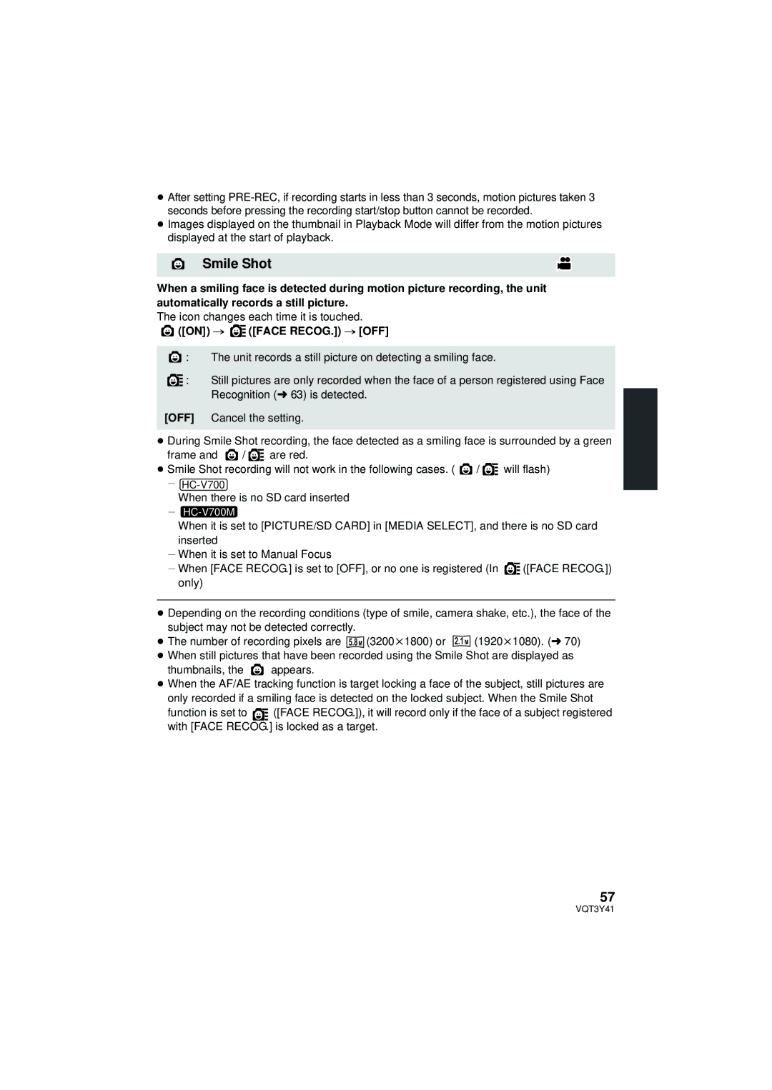 Panasonic HC-V700M owner manual Smile Shot, Icon changes each time it is touched, On # Face RECOG. # OFF 