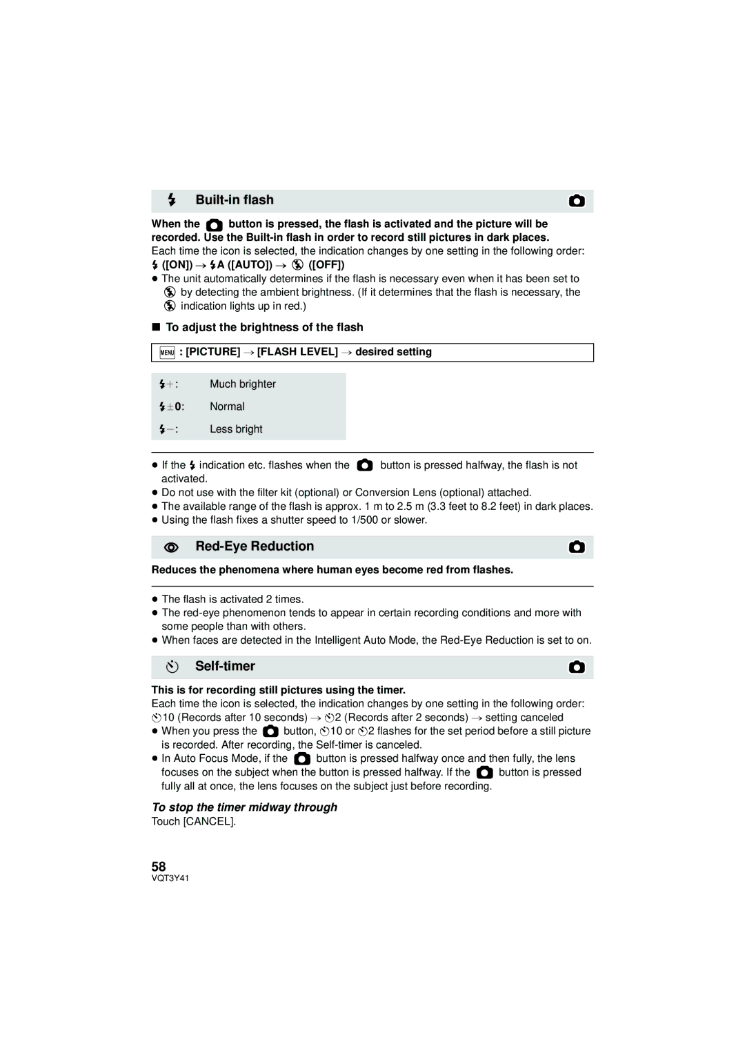 Panasonic HC-V700M owner manual Built-in flash, Red-Eye Reduction, Self-timer, To adjust the brightness of the flash 