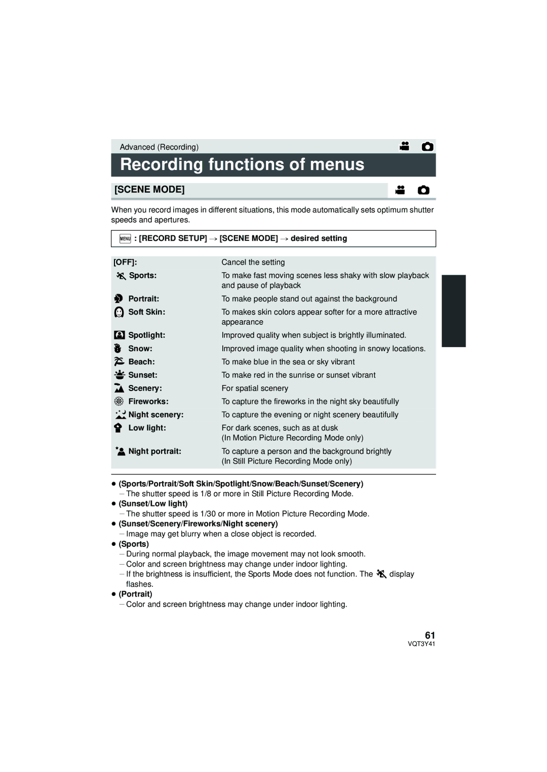 Panasonic HC-V700M owner manual Recording functions of menus, Scene Mode 