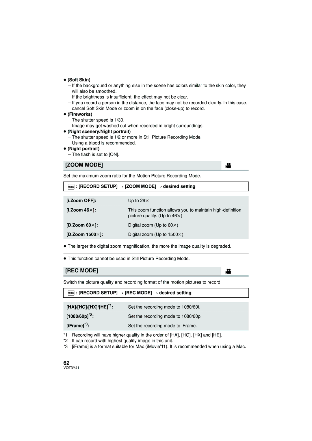 Panasonic HC-V700M owner manual Zoom Mode, REC Mode 