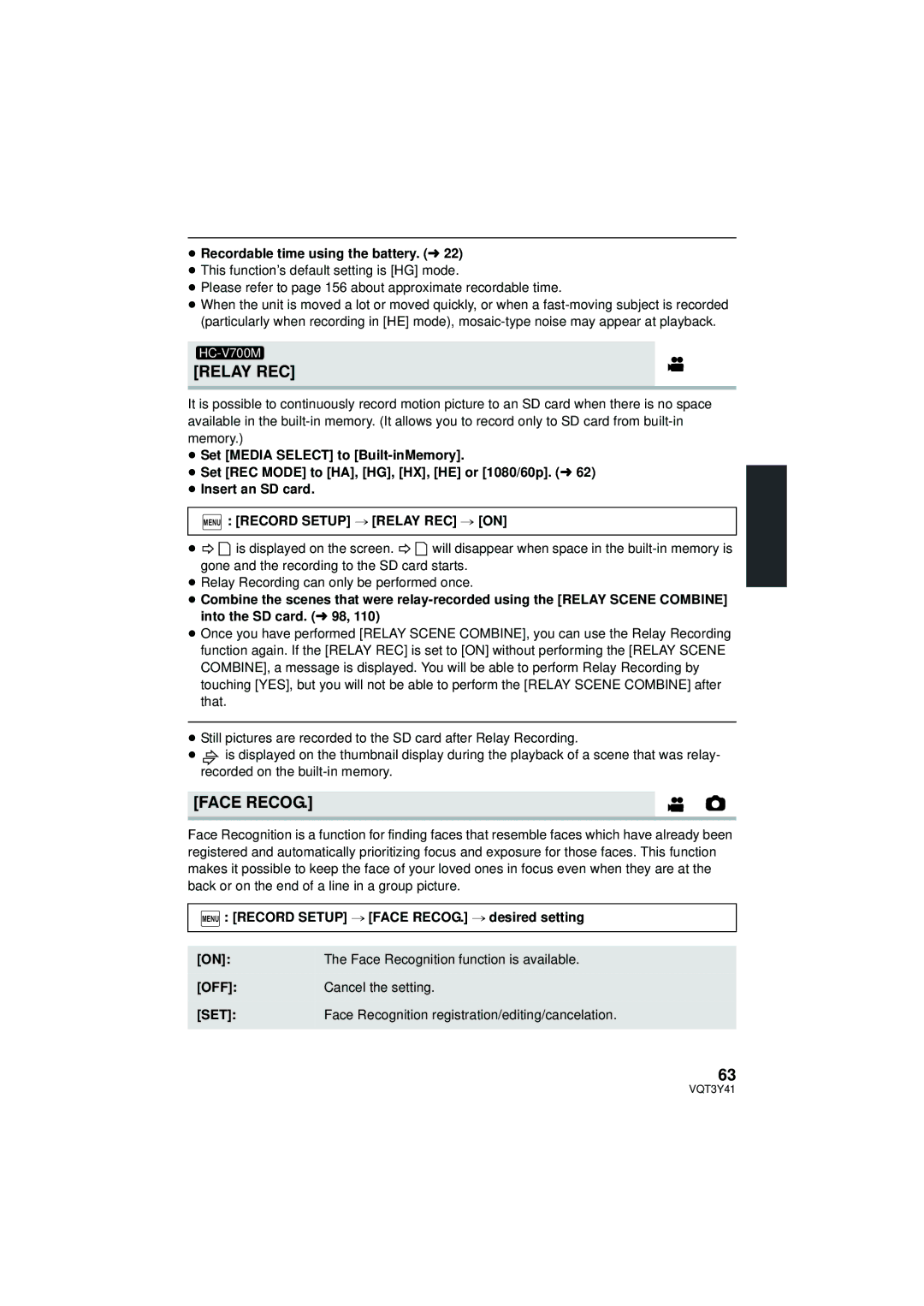 Panasonic HC-V700M owner manual Face Recog, ≥ Recordable time using the battery. l, Menu Record Setup # Relay REC # on 