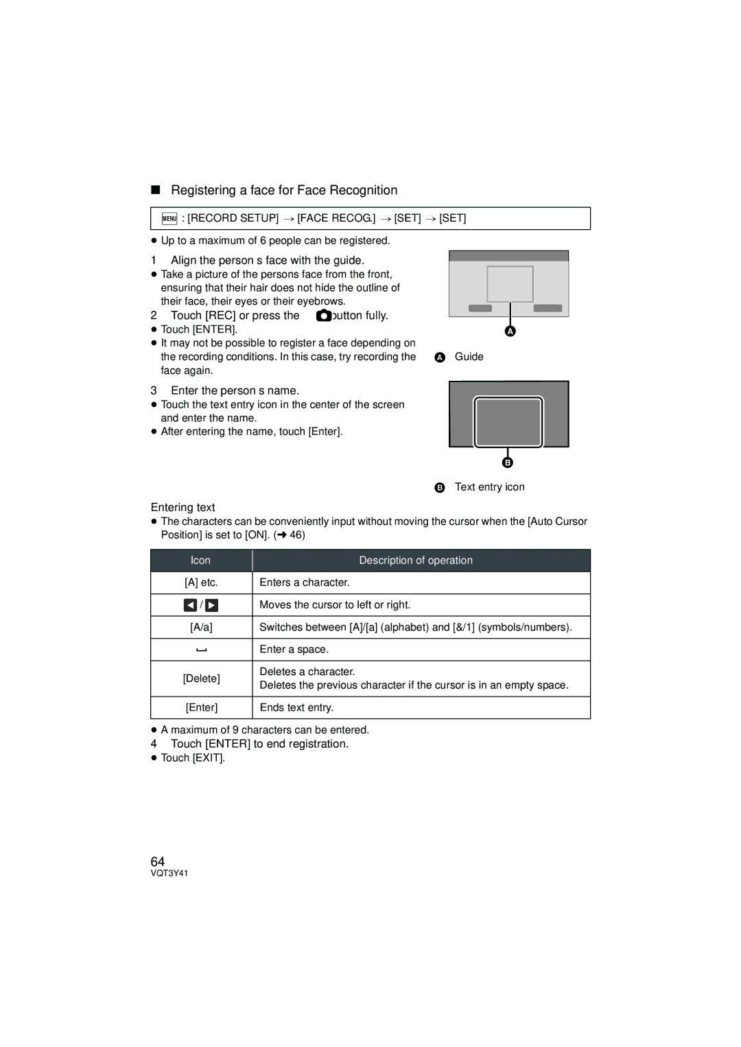 Panasonic HC-V700 Registering a face for Face Recognition, Align the person’s face with the guide, Enter the person’s name 