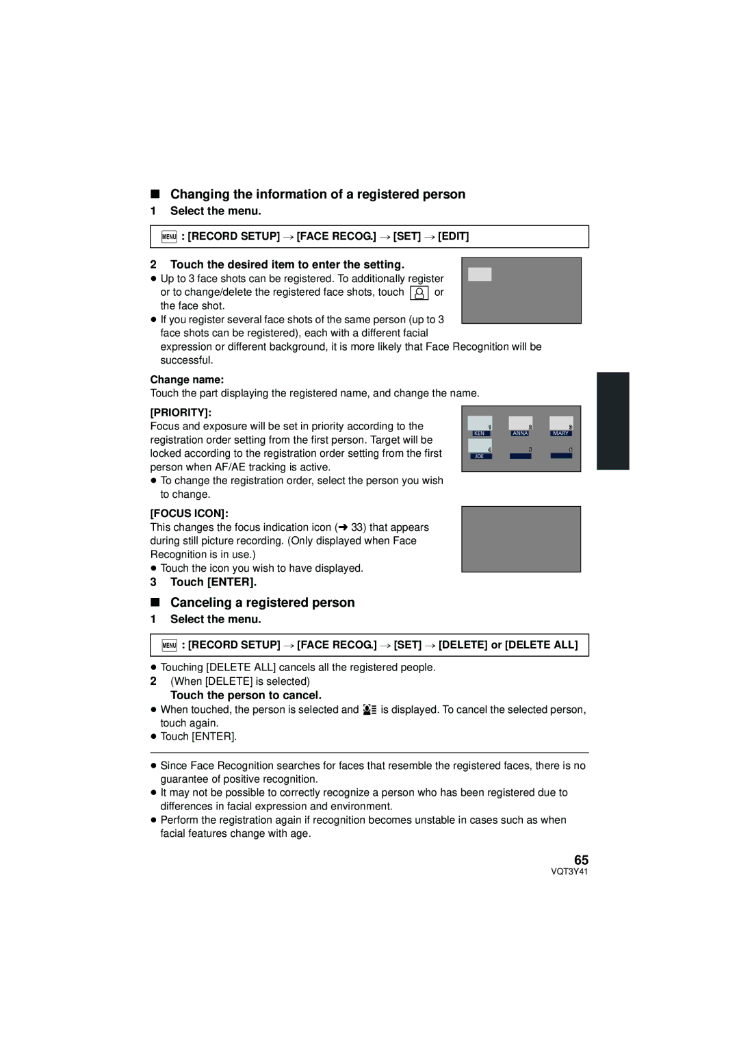 Panasonic HC-V700M Changing the information of a registered person, Canceling a registered person, Select the menu 