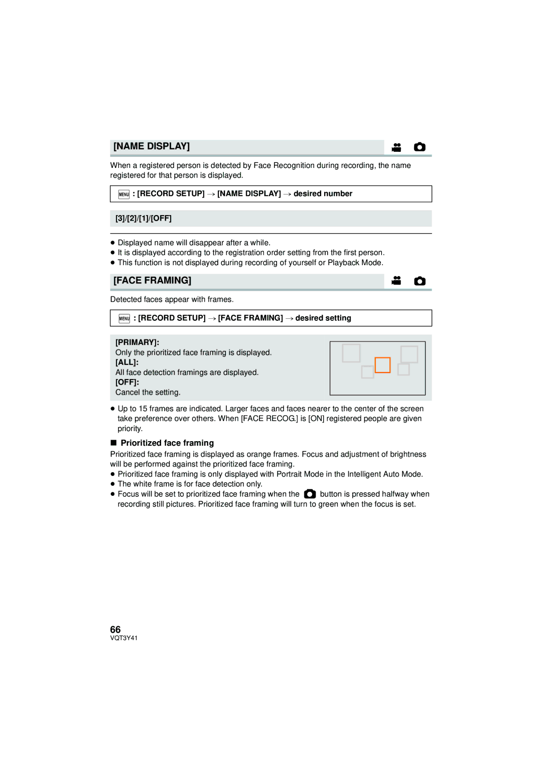 Panasonic HC-V700M owner manual Name Display, Face Framing, Prioritized face framing, Primary 