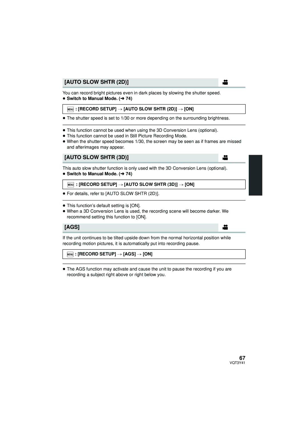 Panasonic HC-V700M owner manual Auto Slow Shtr 2D, Auto Slow Shtr 3D, Ags 