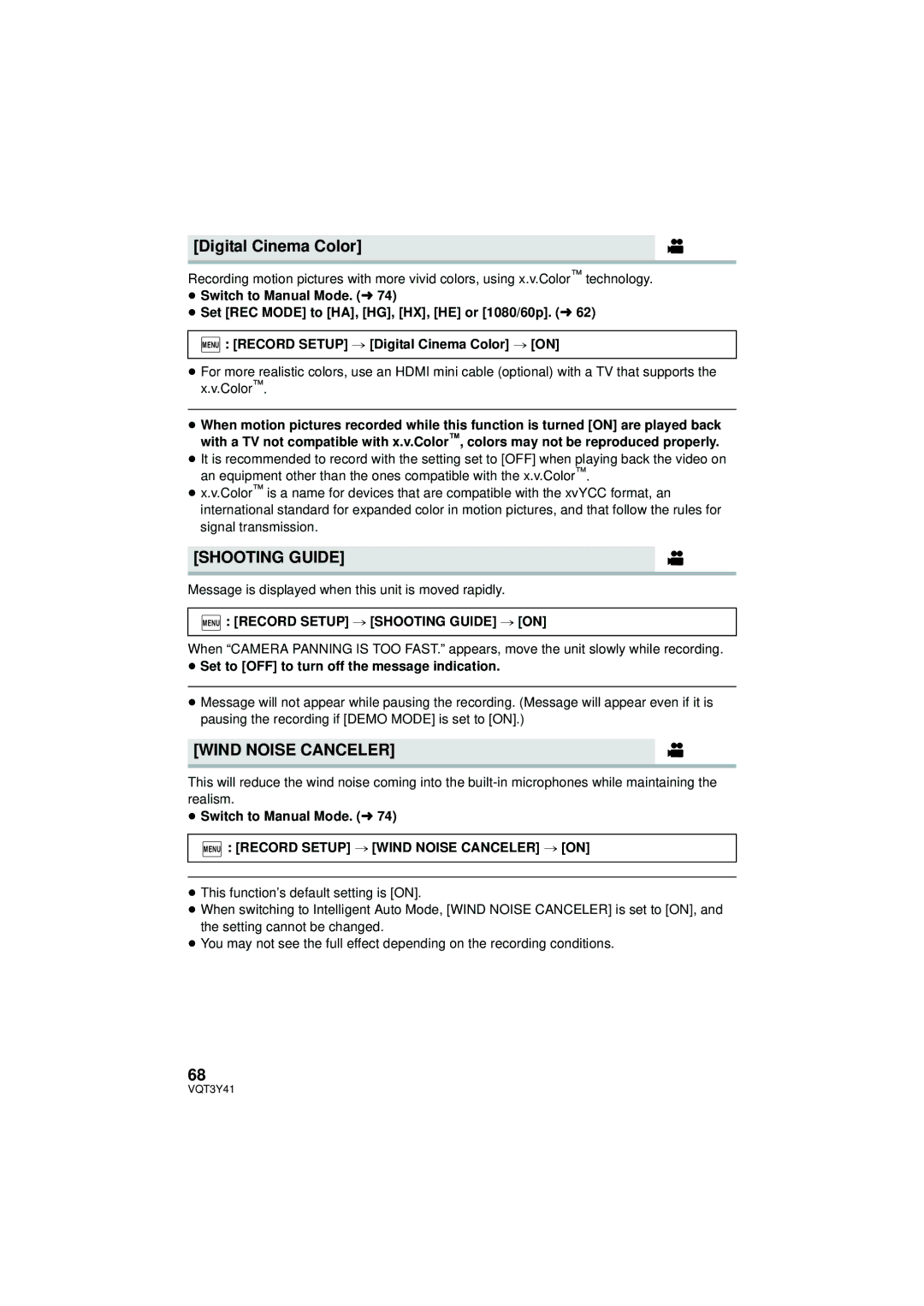 Panasonic HC-V700M owner manual Digital Cinema Color, Wind Noise Canceler, Menu Record Setup # Shooting Guide # on 