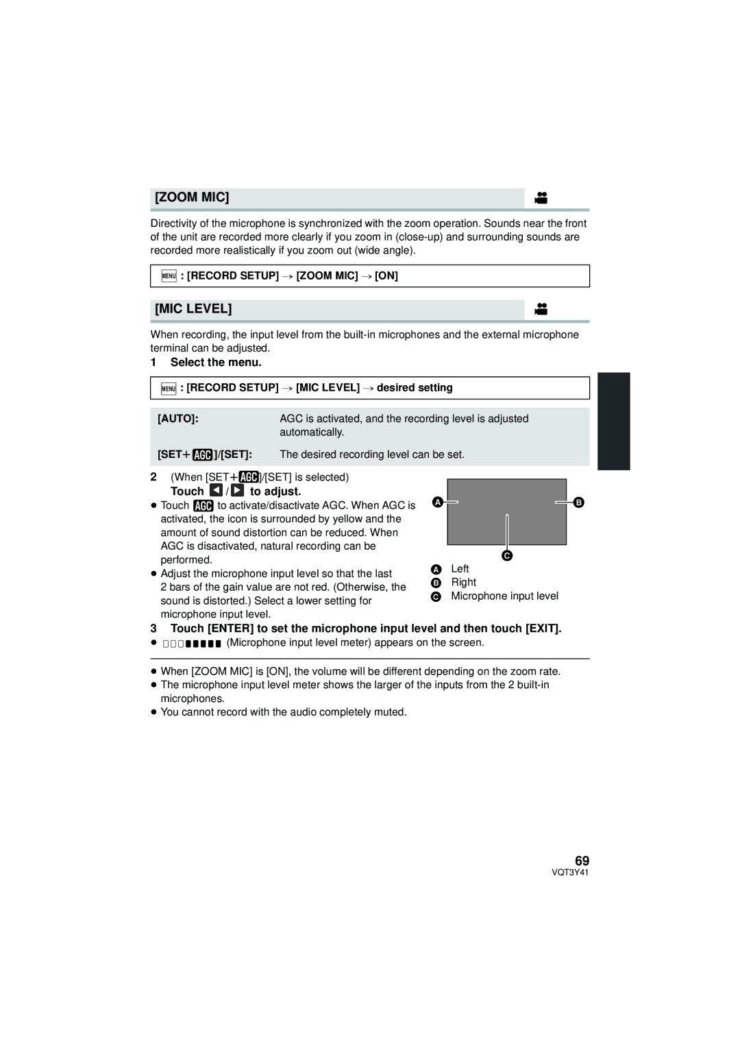 Panasonic HC-V700M owner manual MIC Level, Touch / to adjust, Menu Record Setup # Zoom MIC # on, Auto 