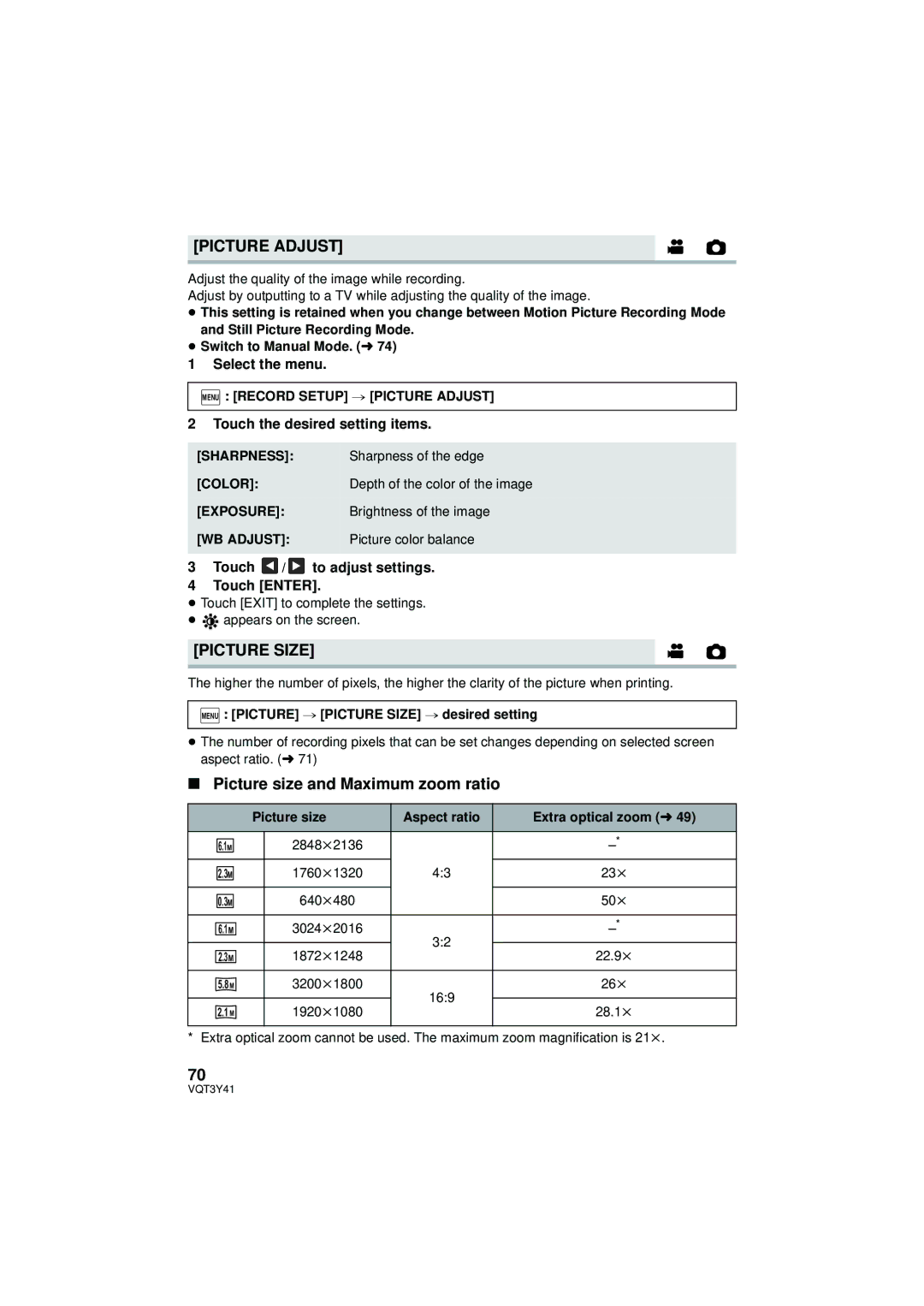 Panasonic HC-V700 Picture Adjust, Picture Size, Picture size and Maximum zoom ratio, Touch the desired setting items 