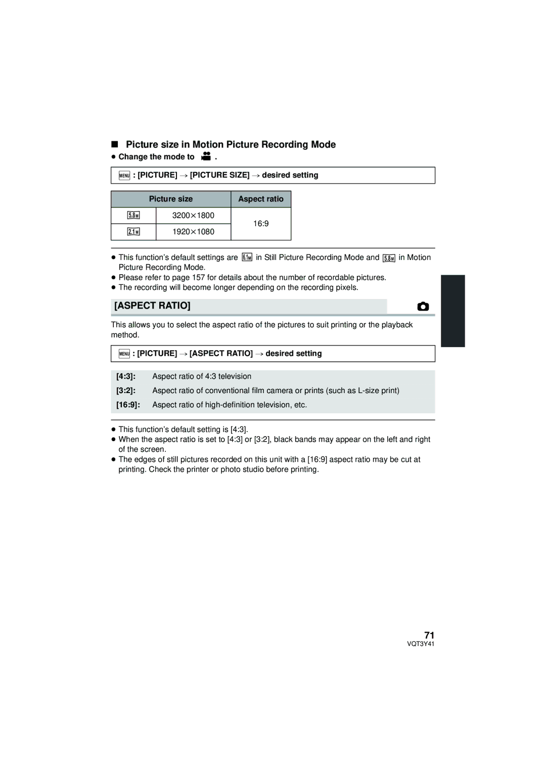 Panasonic HC-V700M owner manual Picture size in Motion Picture Recording Mode, Aspect Ratio 