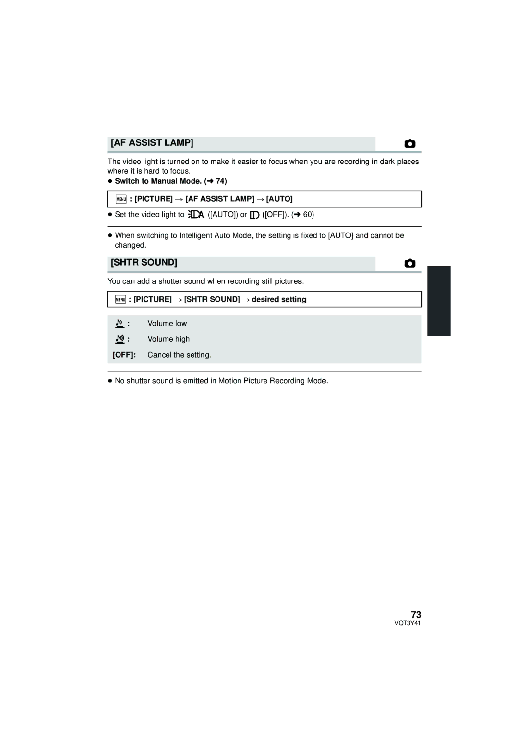 Panasonic HC-V700M owner manual Menu Picture # AF Assist Lamp # Auto, Menu Picture # Shtr Sound # desired setting 