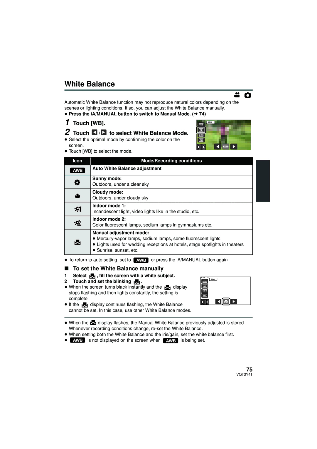 Panasonic HC-V700M owner manual Touch WB, Touch / to select White Balance Mode, To set the White Balance manually 