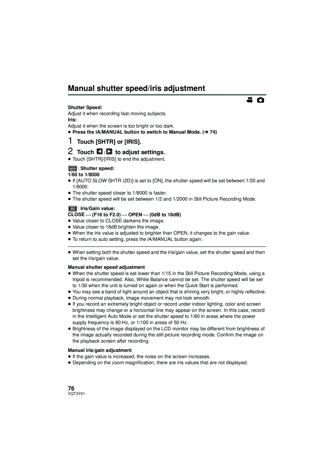 Panasonic HC-V700M owner manual Manual shutter speed/iris adjustment, Touch Shtr or Iris Touch / to adjust settings 