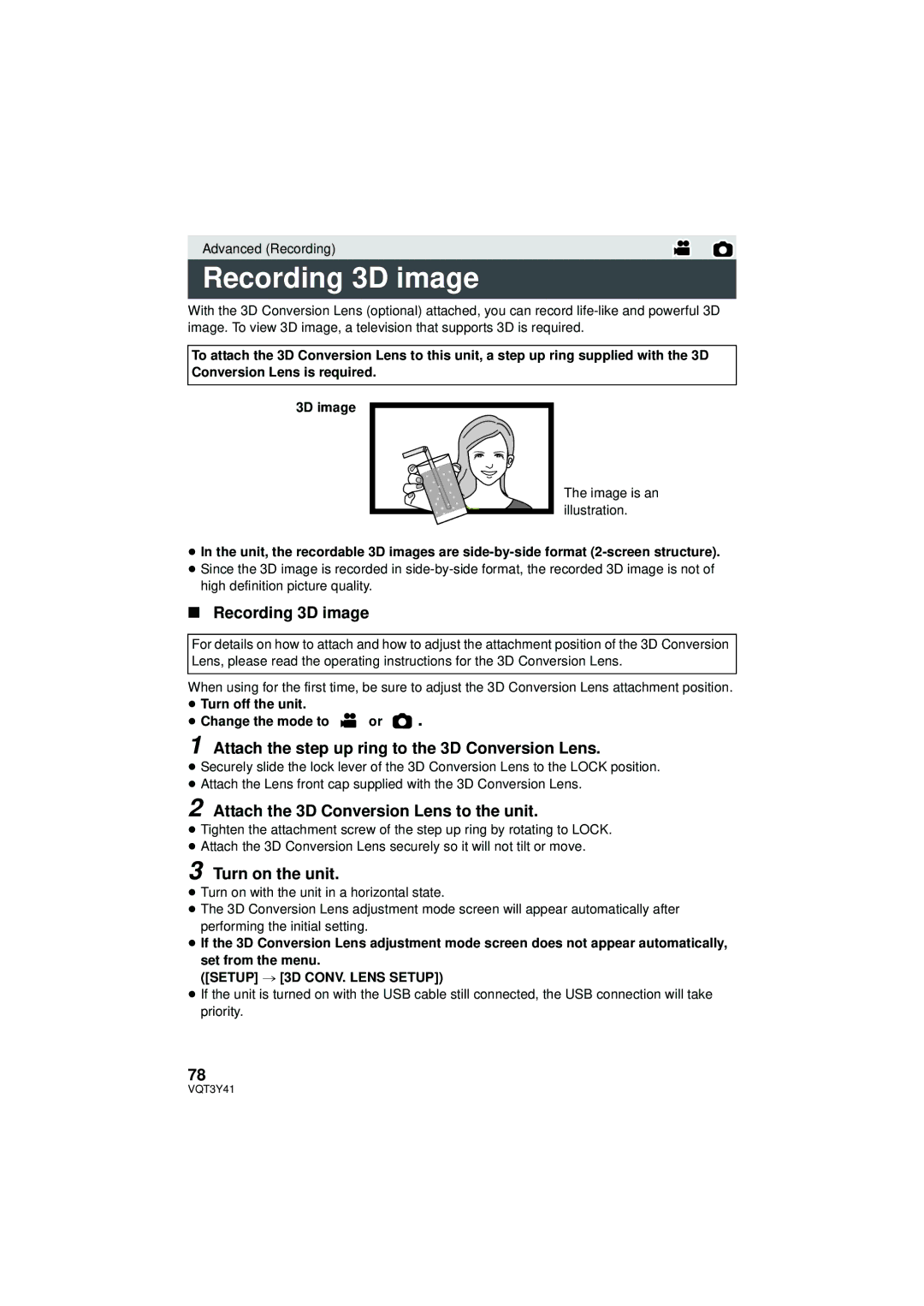 Panasonic HC-V700M owner manual Recording 3D image, Attach the step up ring to the 3D Conversion Lens, Turn on the unit 