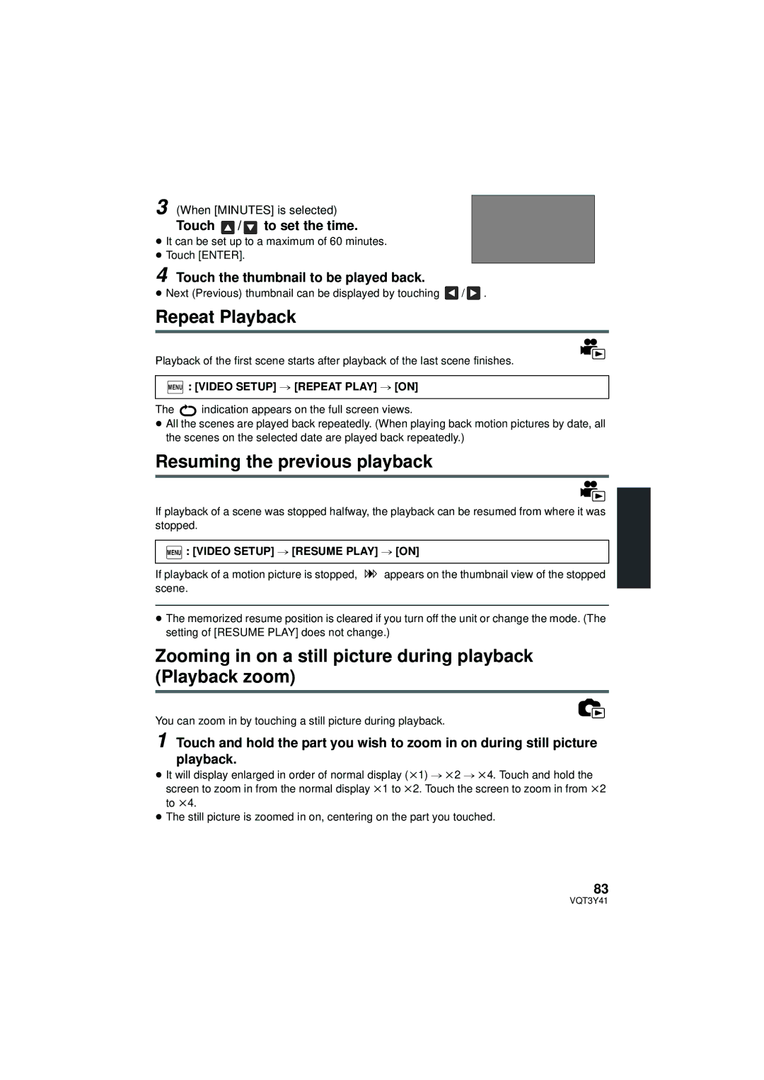 Panasonic HC-V700M owner manual Repeat Playback, Resuming the previous playback, Touch / to set the time 