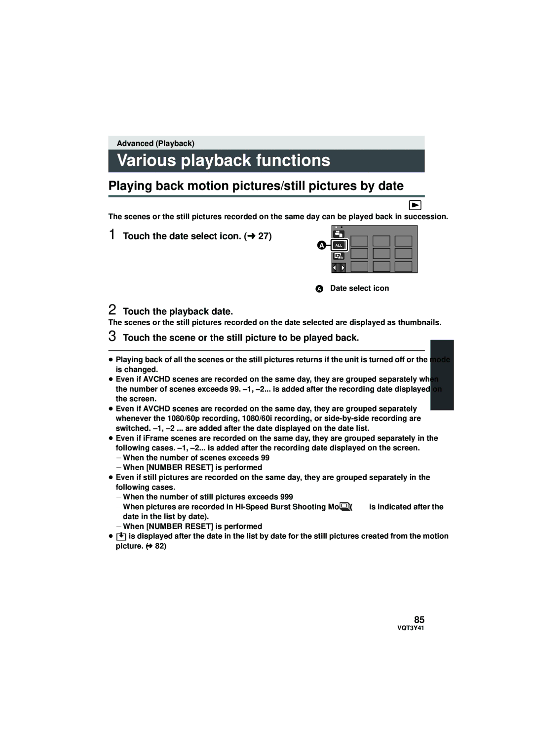 Panasonic HC-V700M Various playback functions, Playing back motion pictures/still pictures by date, Date select icon 