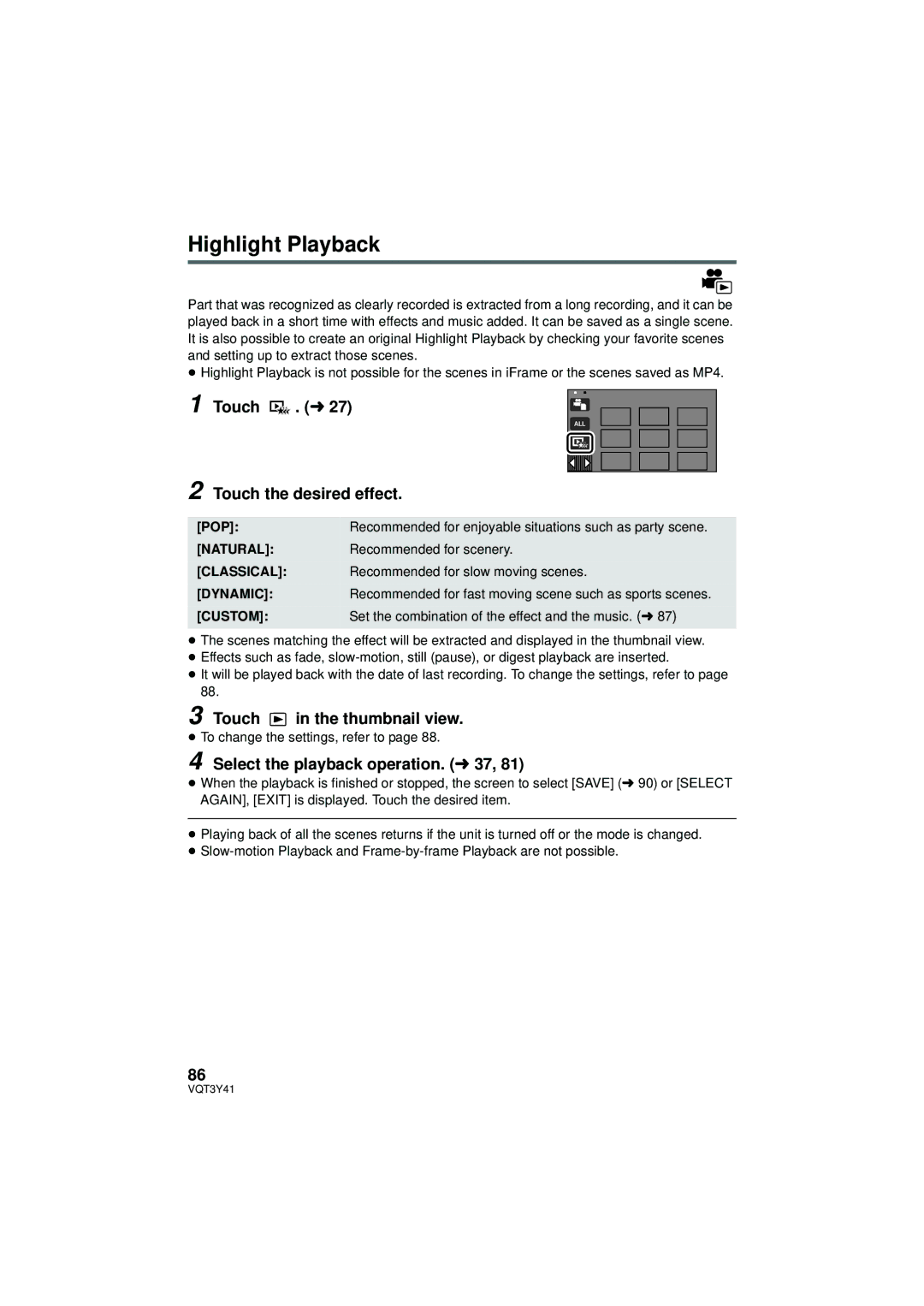 Panasonic HC-V700M owner manual Highlight Playback, Touch . l Touch the desired effect, Touch in the thumbnail view 