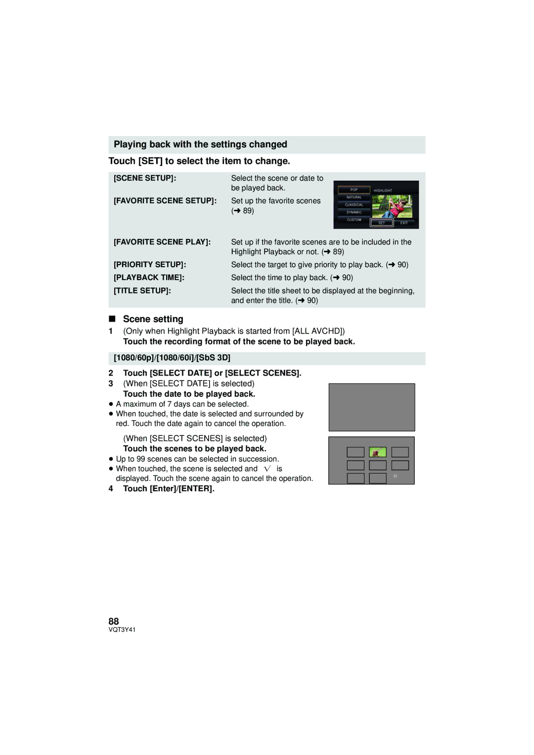 Panasonic HC-V700 Scene setting, Touch the date to be played back, Touch the scenes to be played back, Touch Enter/ENTER 