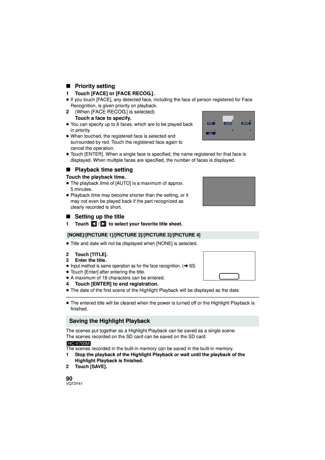 Panasonic HC-V700M Priority setting, Playback time setting, Setting up the title, Saving the Highlight Playback 