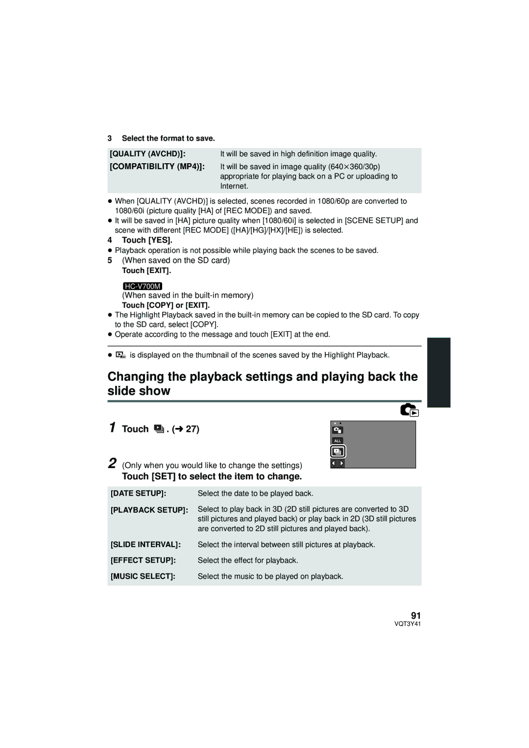 Panasonic HC-V700M Touch . l, Select the format to save, Touch Exit, Touch Copy or Exit, Date Setup Playback Setup 