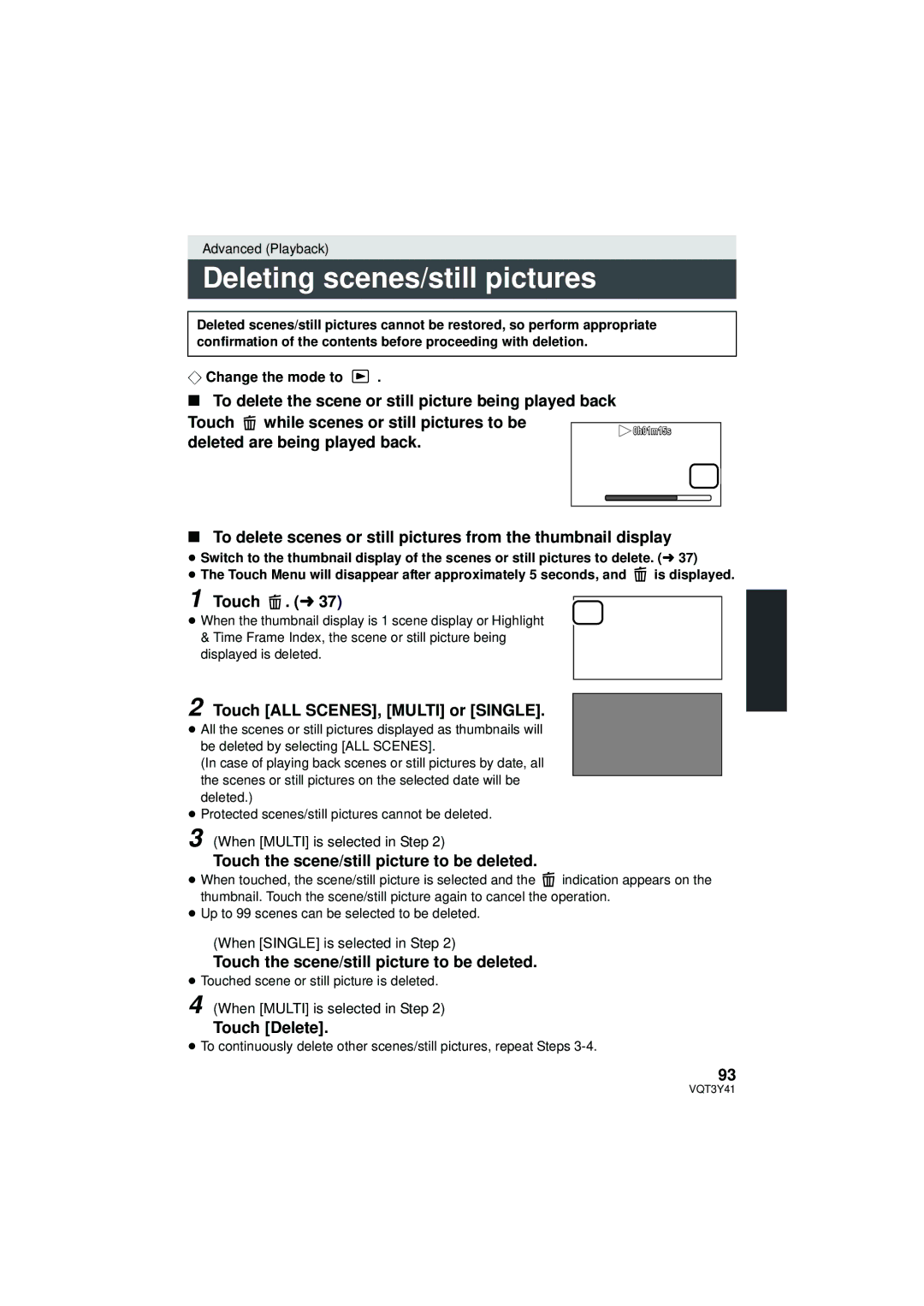 Panasonic HC-V700M Deleting scenes/still pictures, Deleted are being played back, Touch ALL SCENES, Multi or Single 