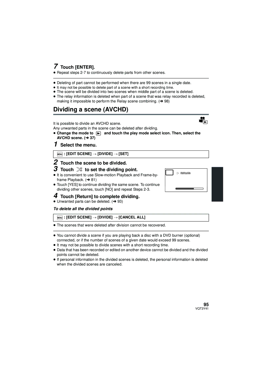 Panasonic HC-V700M owner manual Dividing a scene Avchd, Touch the scene to be divided, Touch To set the dividing point 