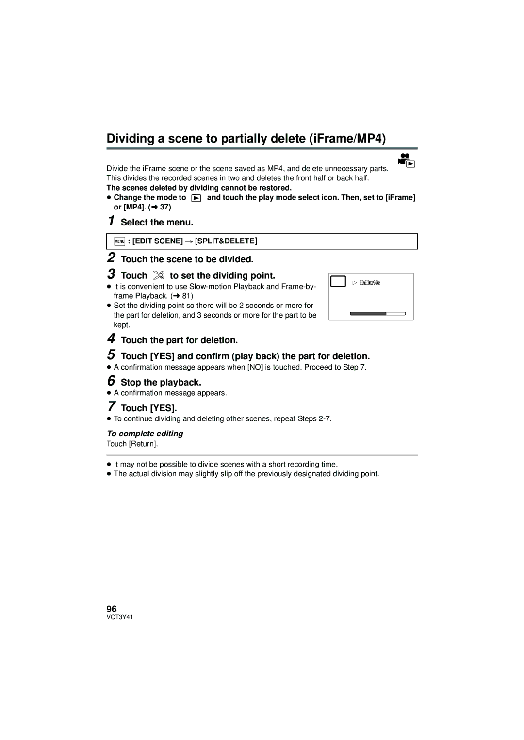 Panasonic HC-V700M owner manual Dividing a scene to partially delete iFrame/MP4, Touch the part for deletion, Touch YES 