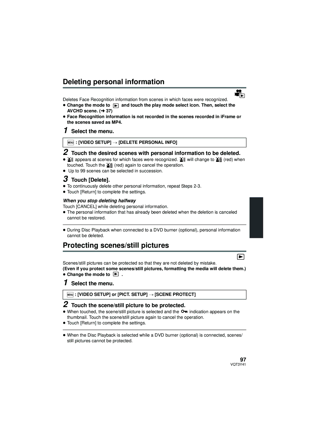 Panasonic HC-V700M owner manual Deleting personal information, Protecting scenes/still pictures 