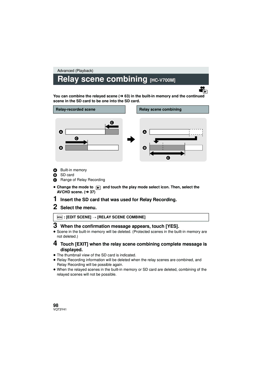 Panasonic owner manual Relay scene combining HC-V700M, Insert the SD card that was used for Relay Recording 