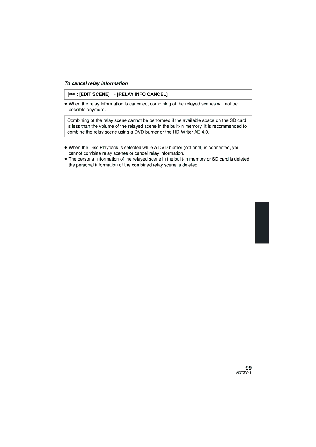 Panasonic HC-V700M owner manual To cancel relay information, Menu Edit Scene # Relay Info Cancel 