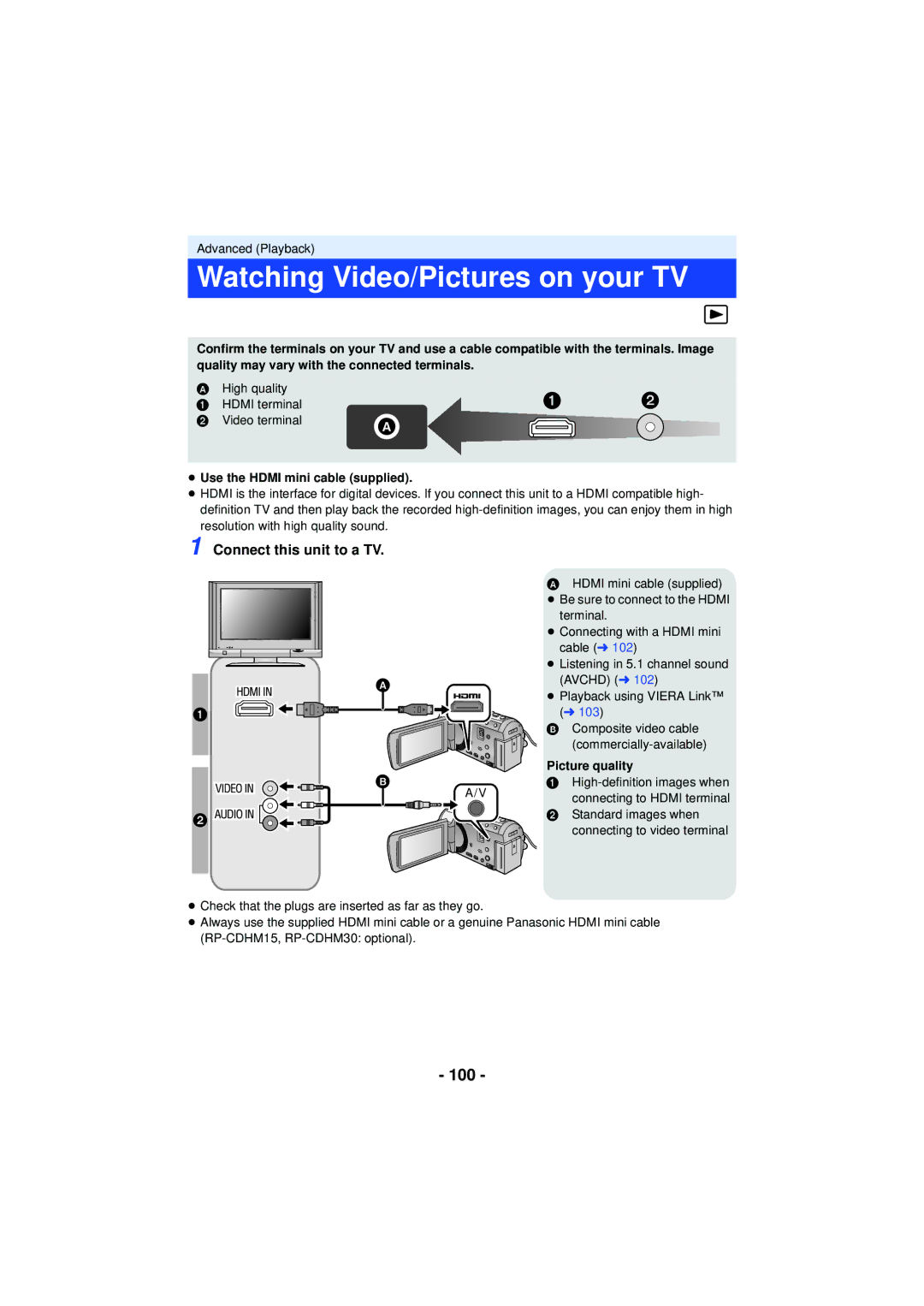 Panasonic HC-V720 Watching Video/Pictures on your TV, 100, Connect this unit to a TV, ≥ Use the Hdmi mini cable supplied 