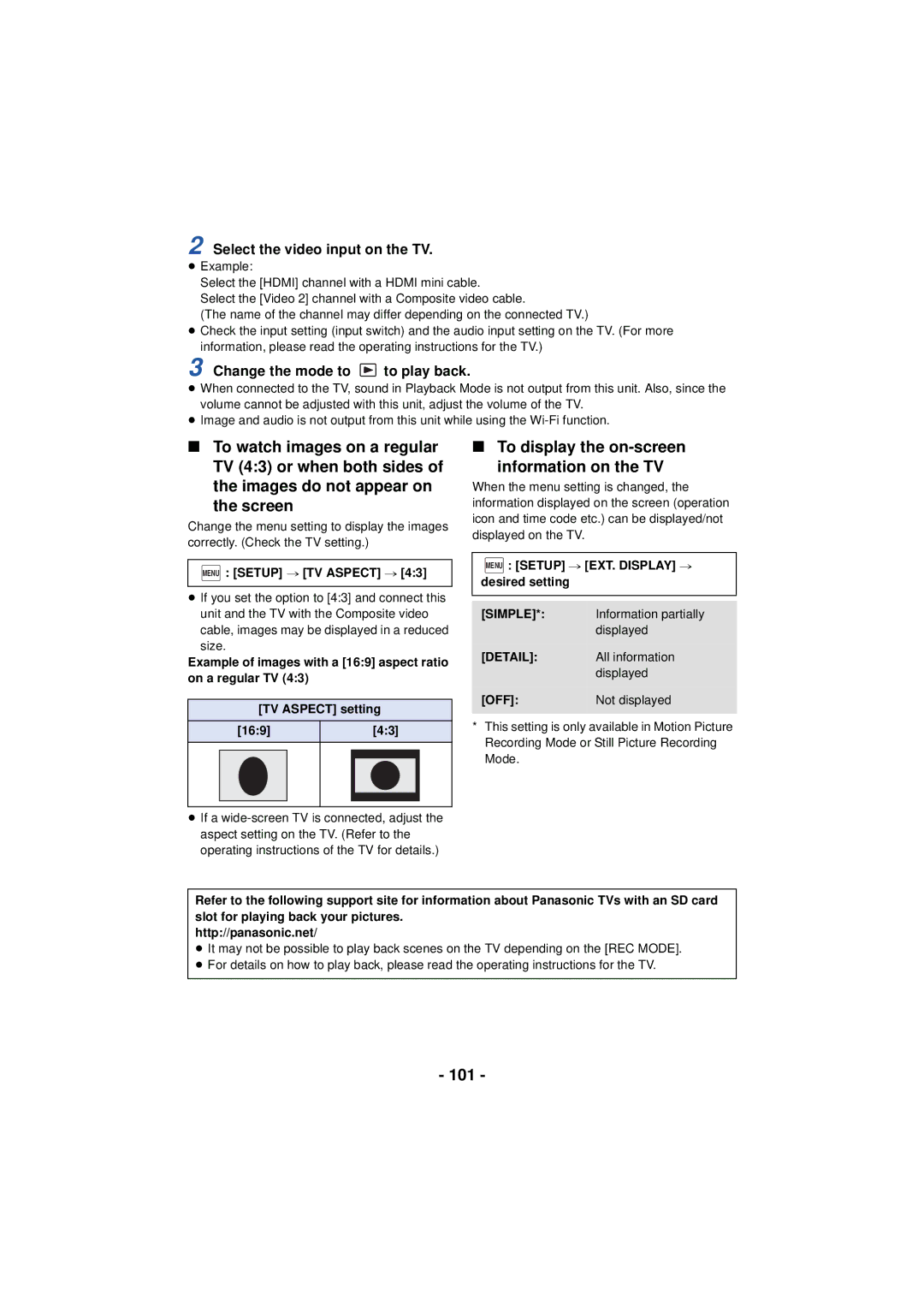 Panasonic HC-V720 owner manual To display the on-screen Information on the TV, 101, Select the video input on the TV 